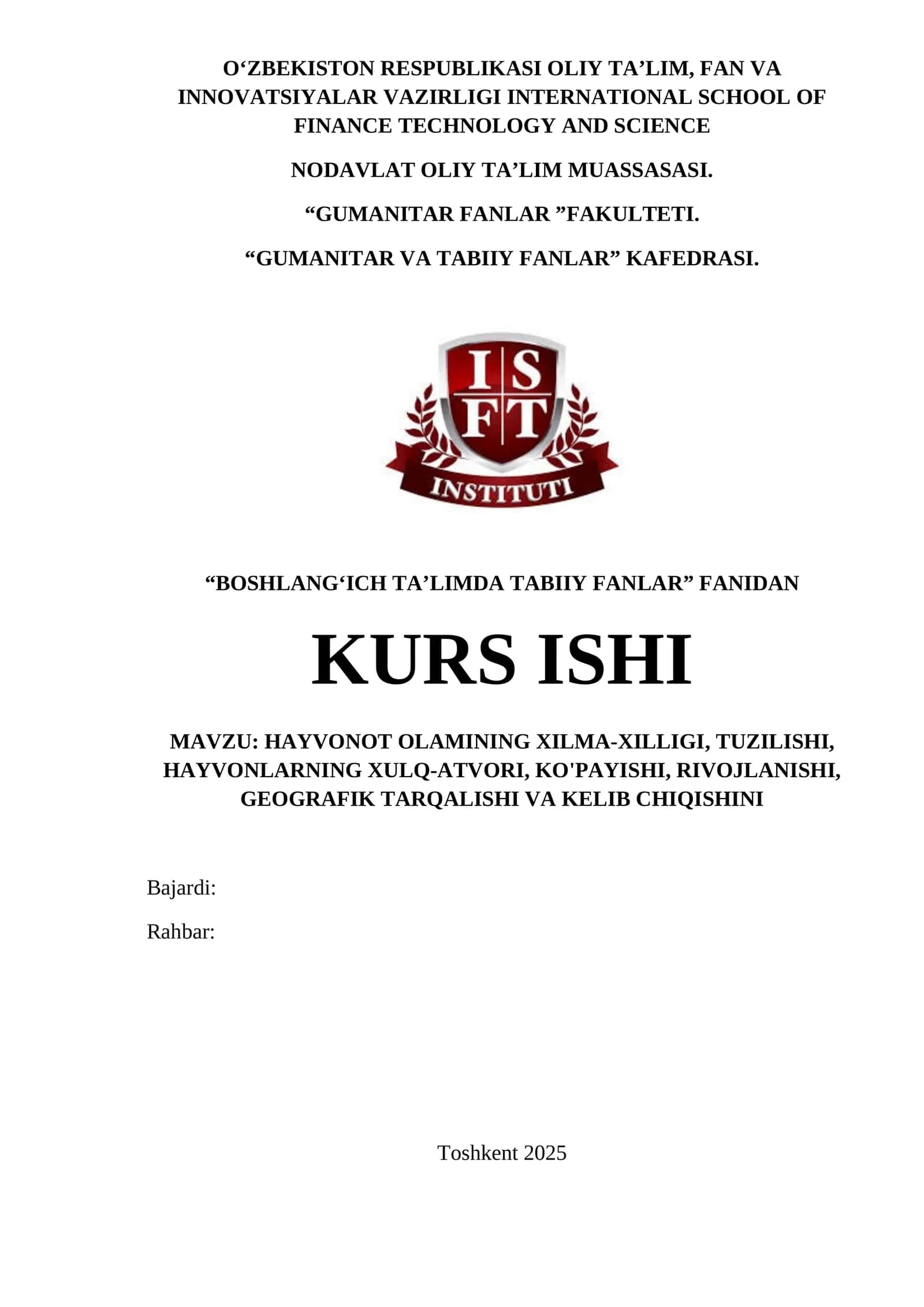 HAYVONOT OLAMINING XILMA-XILLIGI kurs iwi. 1