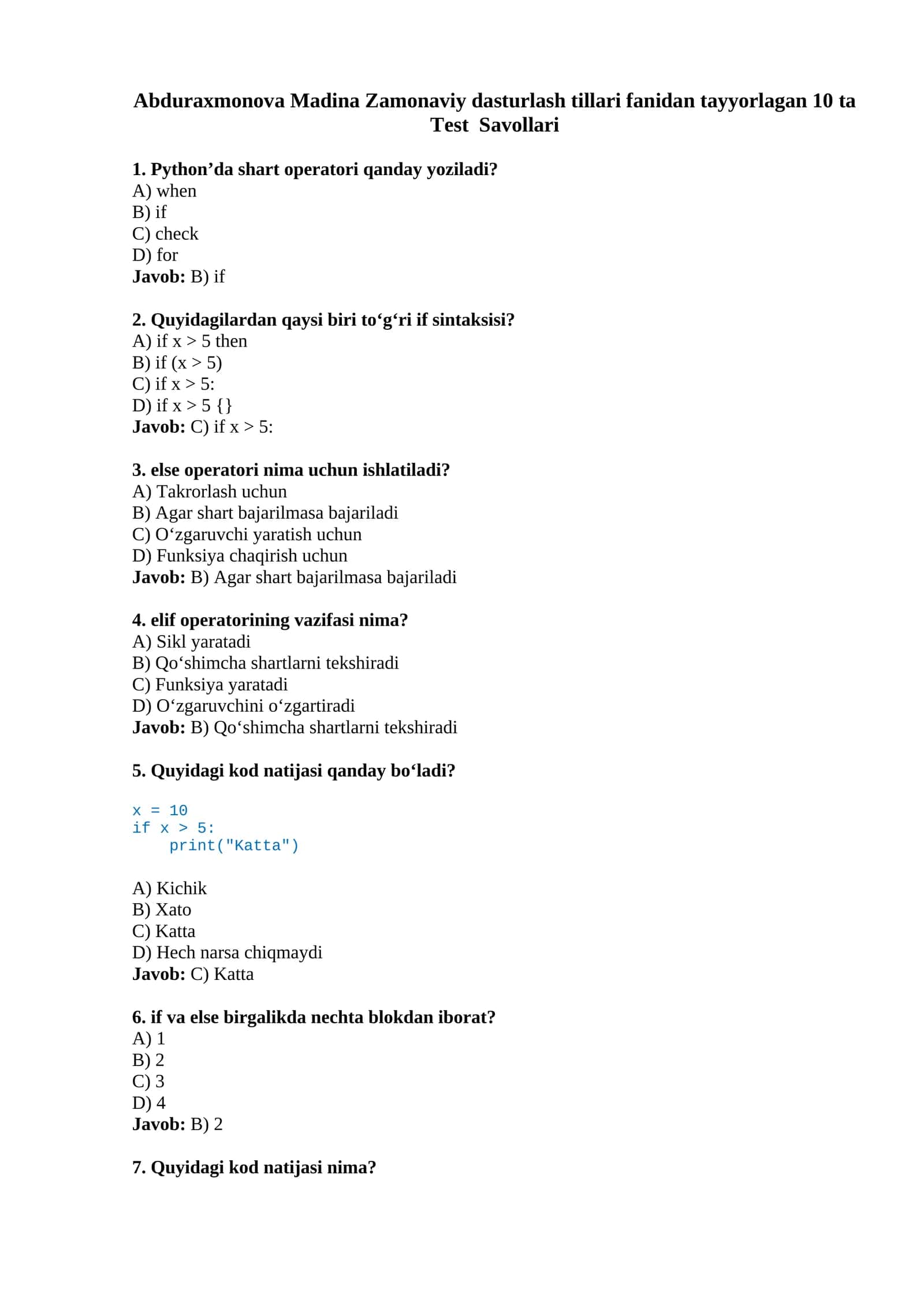 Zamonaviy dasturlash tillari fanidan tayyorlagan 10 ta Test Savollari 1