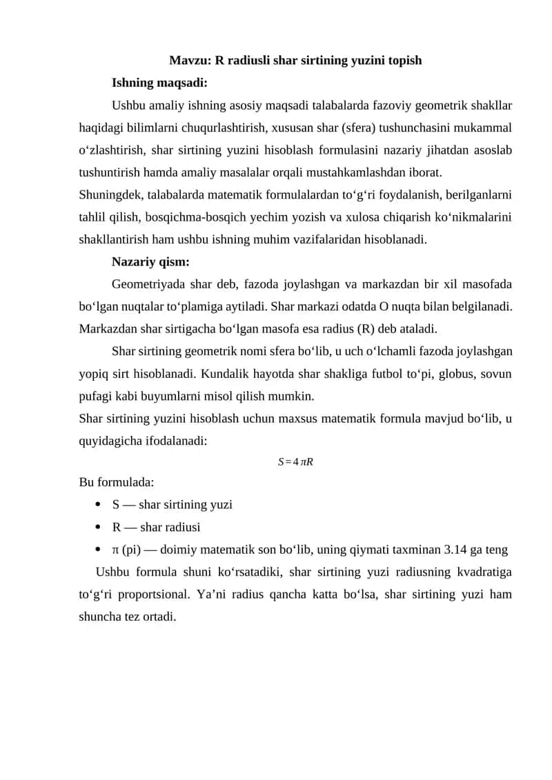 R radiusli shar sirtining yuzini topish 1