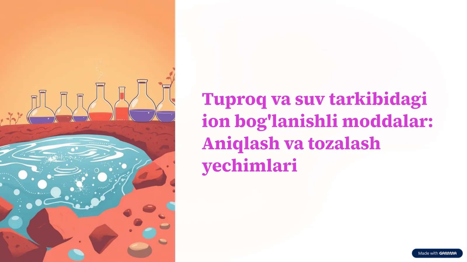 Tuproq va suv tarkibidagi ion bog'lanishli moddalar Aniqlash va tozalash yechimlari. 1