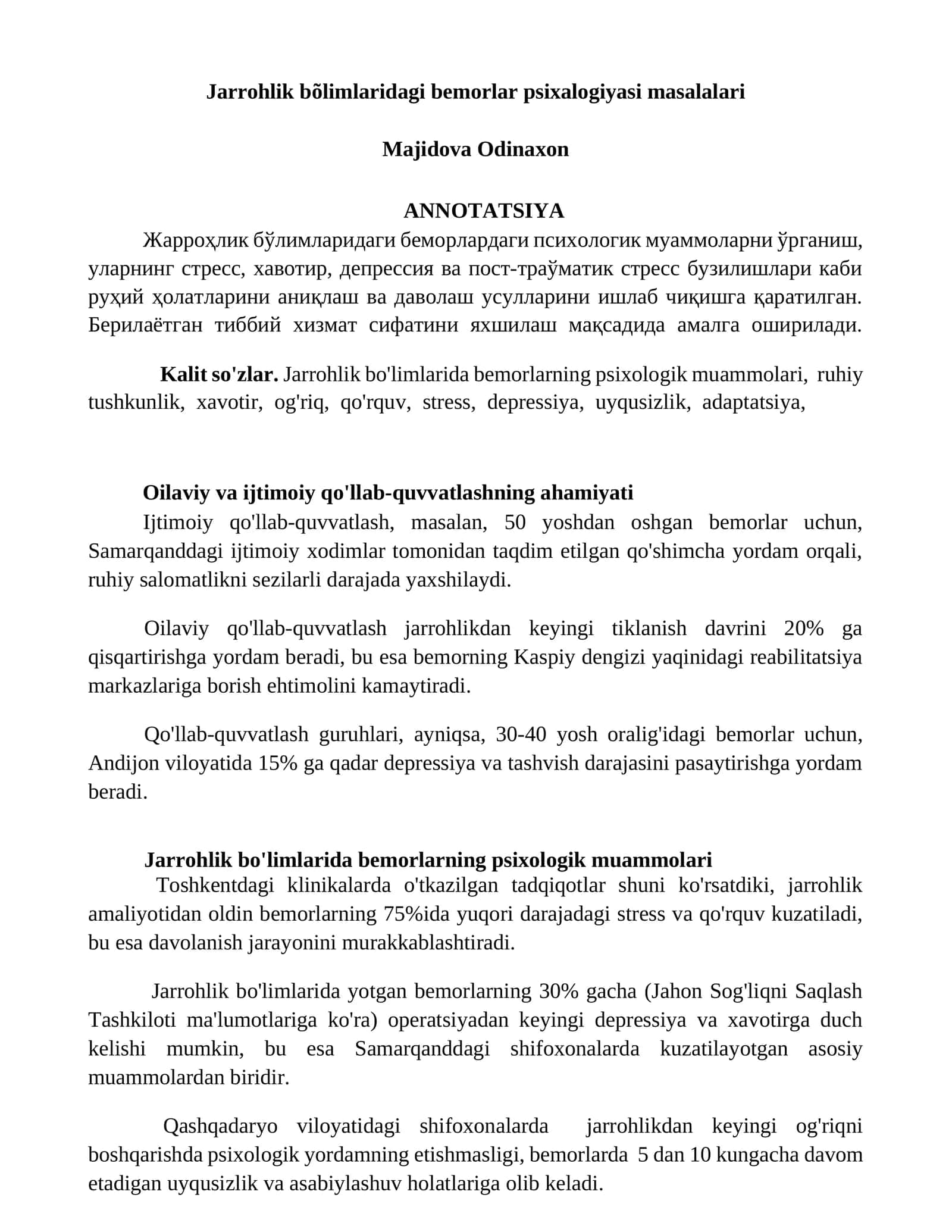 Jarrohlik bõlimlaridagi bemorlar psixalogiyasi masalalari 1