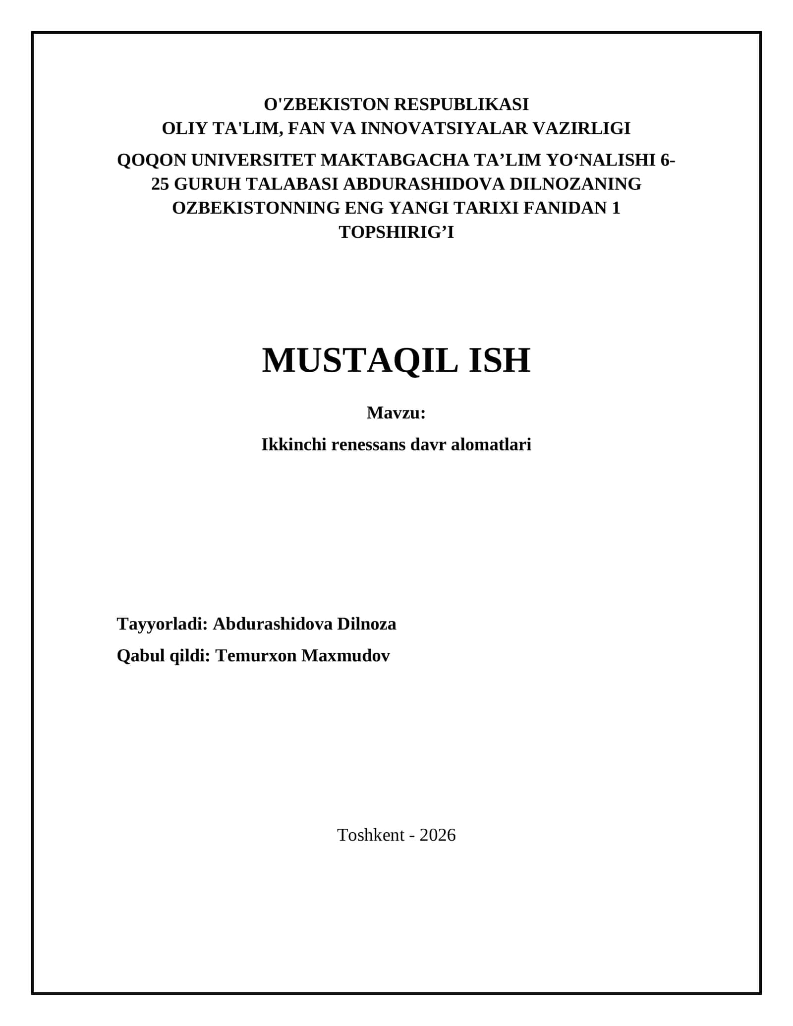 O'ZBEKISTONNING ENG YANGI TARIXI FANIDAN 1 TOPSHIRIG'I 1