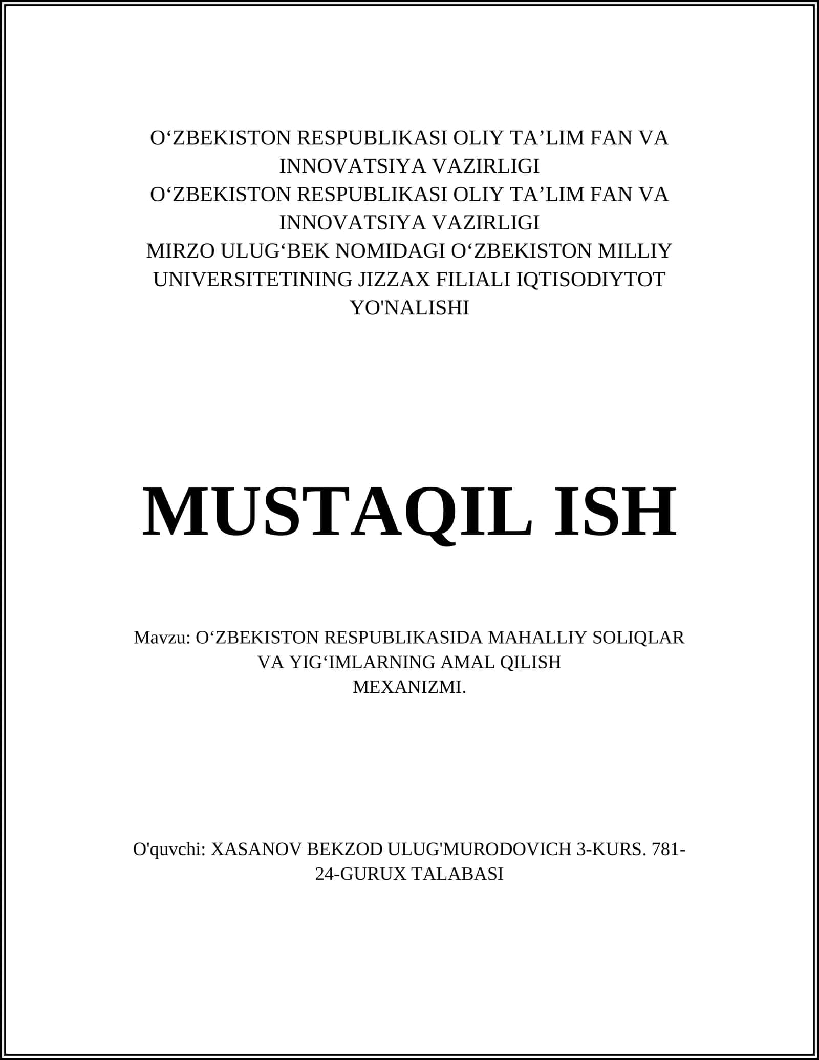 O‘zbekiston Respublikasida mahalliy soliqlar va yig‘imlar 1