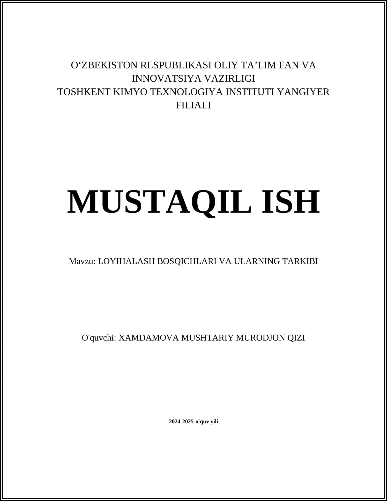 LOYIHALASH BOSQICHLARI VA ULARNING TARKIBI 1