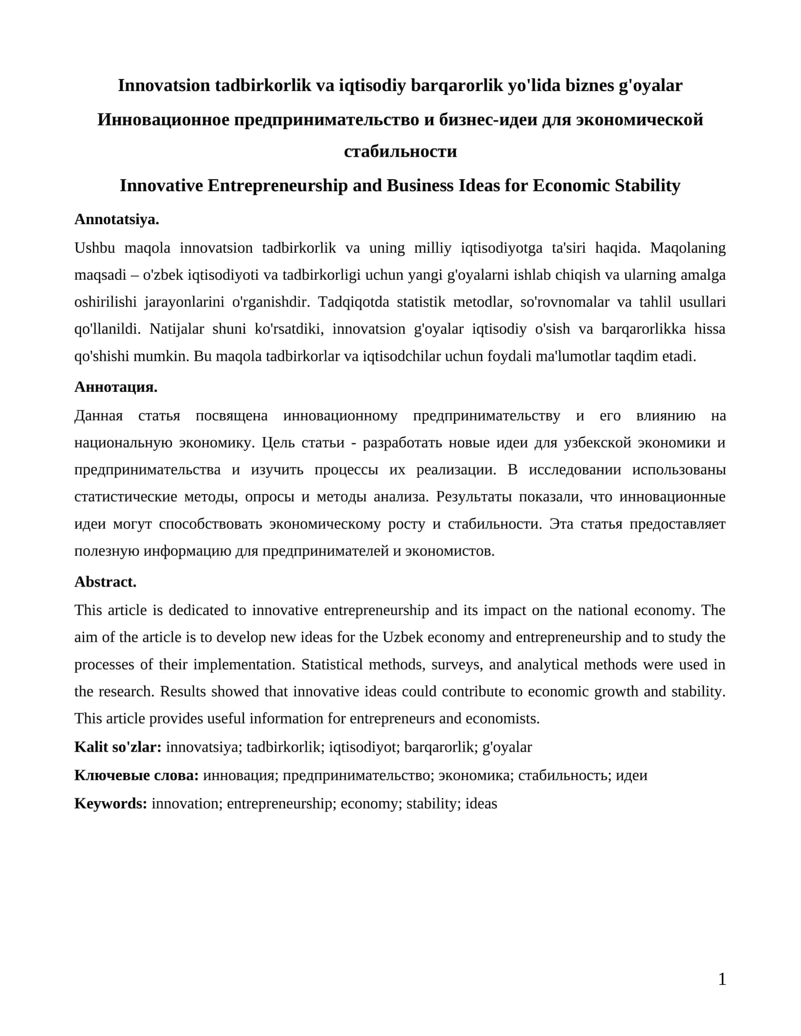 Innovatsion tadbirkorlik va iqtisodiy barqarorlik yo'lida biznes g'oyalar 1