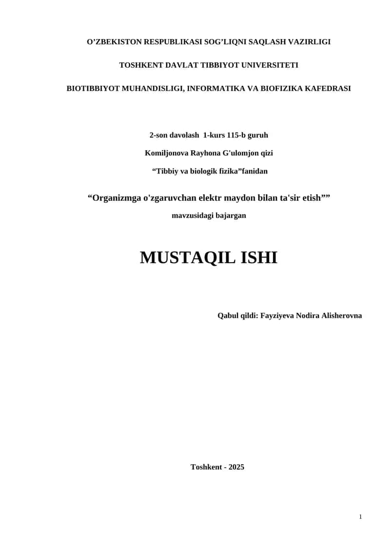 Organizmga o'zgaruvchan elektr maydon bilan ta'sir etish 1