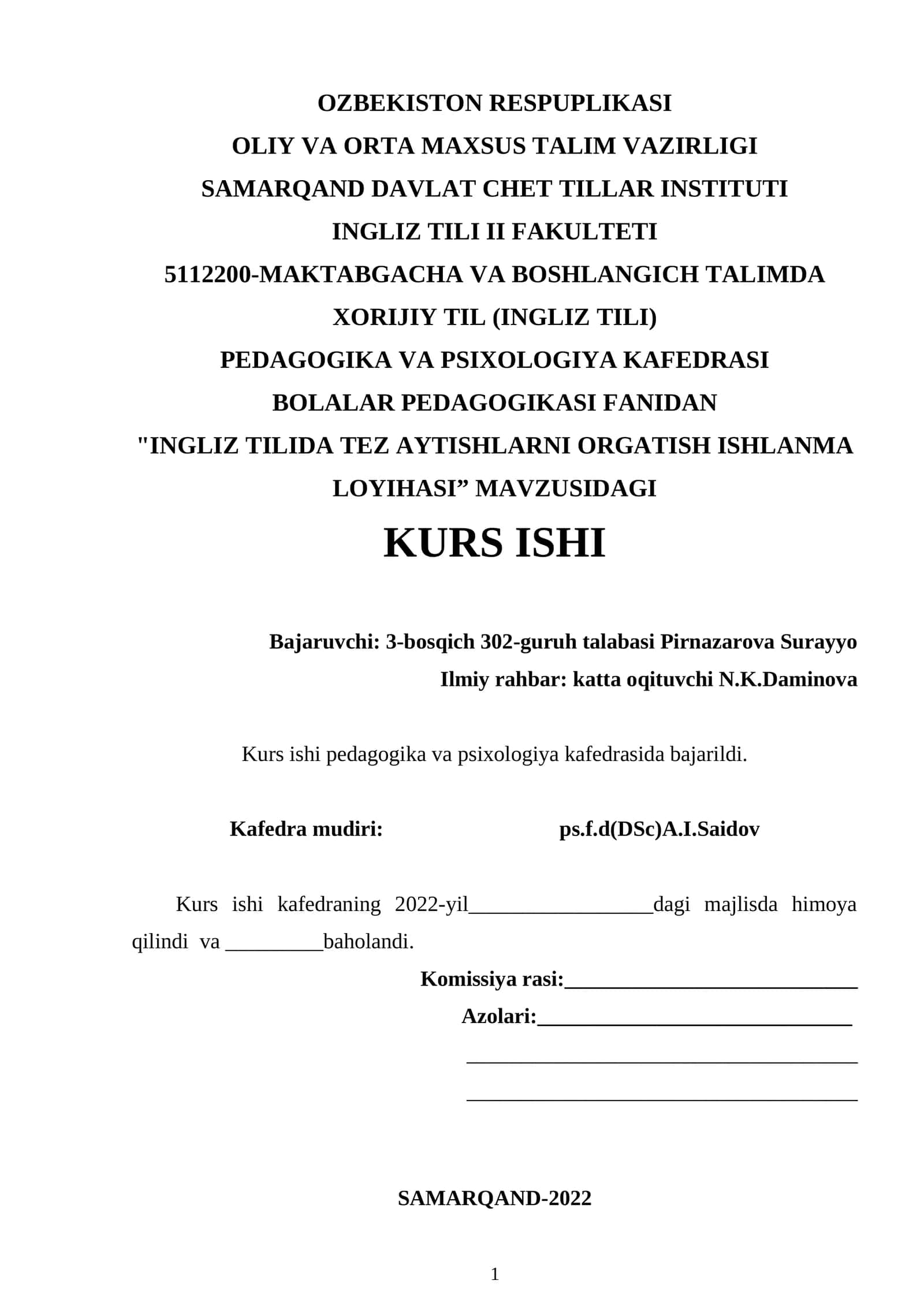 "INGLIZ TILIDA TEZ AYTISHLARNI O'RGATISH ISHLANMA LOYIHASI" 1
