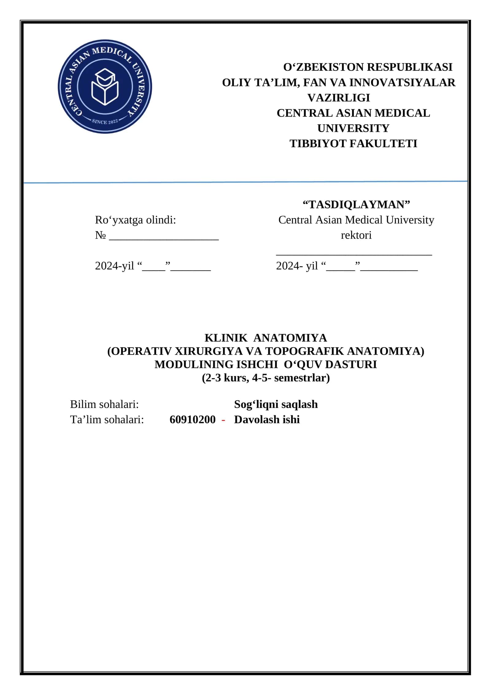 KLINIK ANATOMIYA (OPERATIV XIRURGIYA VA TOPOGRAFIK ANATOMIYA) ISHCHI O‘QUV DASTURI 1