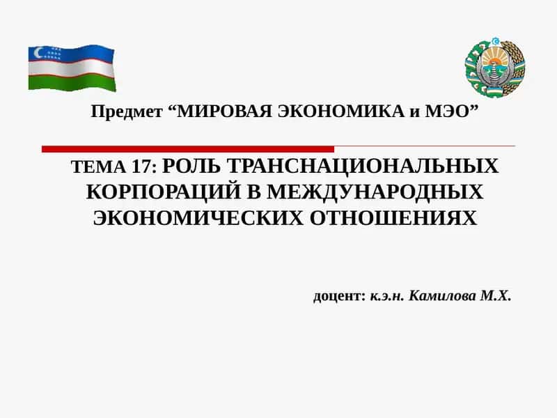 ТЕМА17:РОЛЬ ТРАНСНАЦИОНАЛЬНЫХ КОРПОРАЦИЙ 1