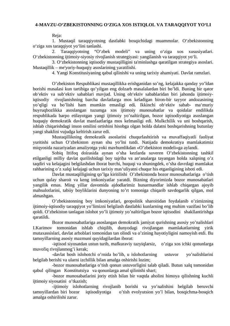 O‘zbekistonning O‘ziga Xos Istiqlol va Taraqqiyot Yo‘li 1