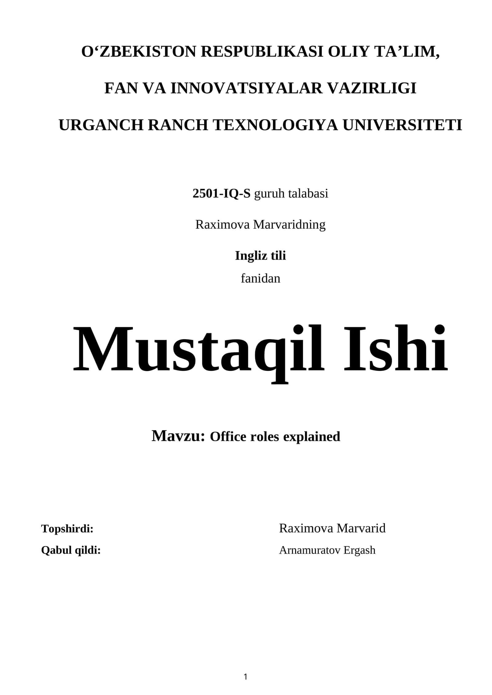 Ingliz tili fanidan Mustaqil Ishi 1