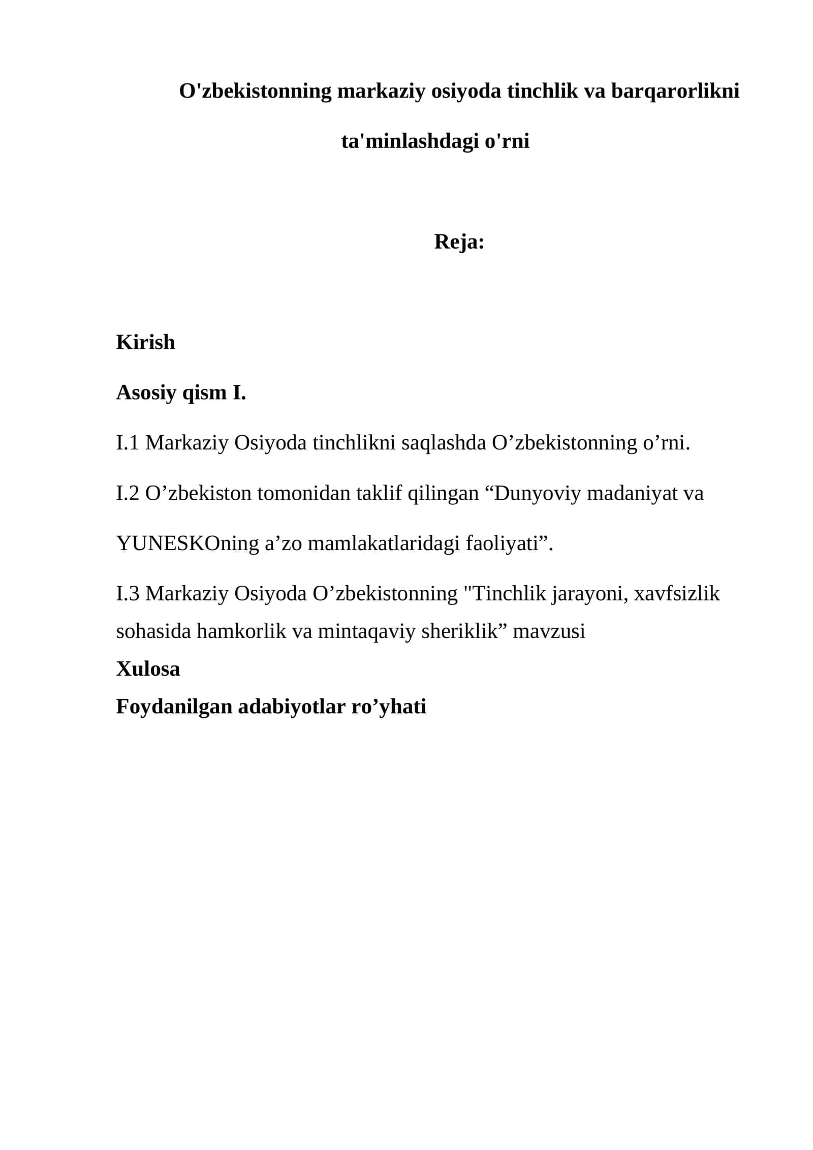 O'zbekistonning markaziy osiyoda tinchlik va barqarorlikni ta'minlashdagi o'rni 1