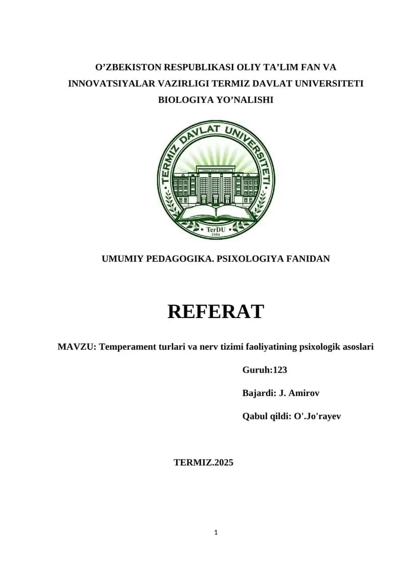 Temperament turlari va nerv tizimi faoliyatining psixologik asoslari 1