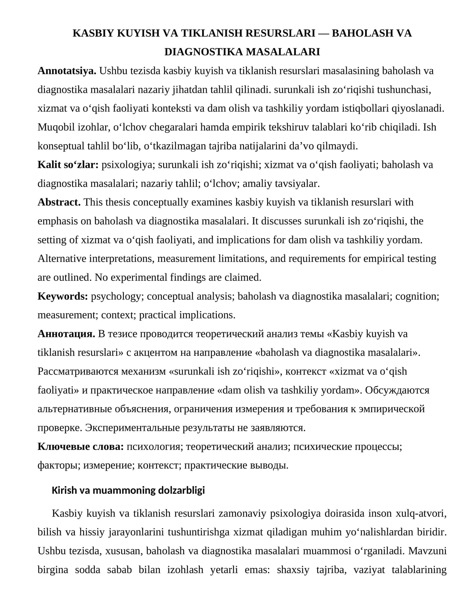 KASBIY KUYISH VA TIKLANISH RESURSLARI — BAHOLASH VA DIAGNOSTIKA MASALALARI 1