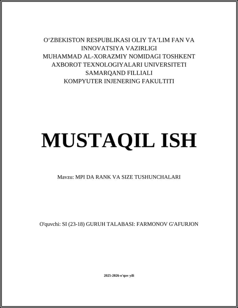 MPI DA RANK VA SIZE TUSHUNCHALARI 1