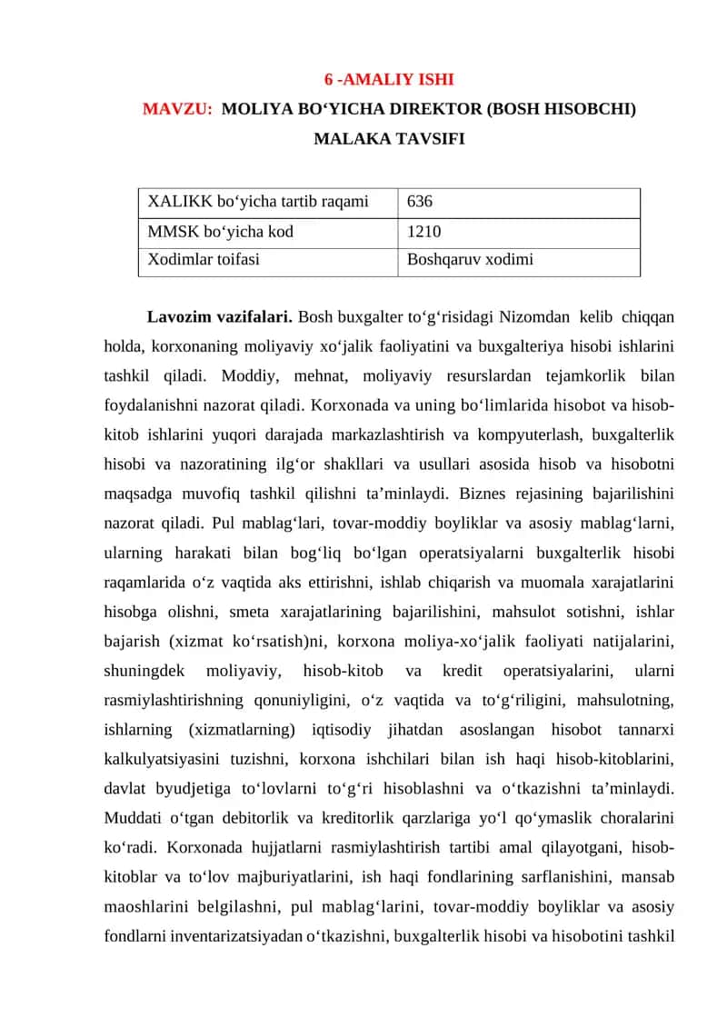 MOLIYA BО'YICHA DIREKTOR (BOSH HISOBCHI) MALAKA TAVSIFI 1