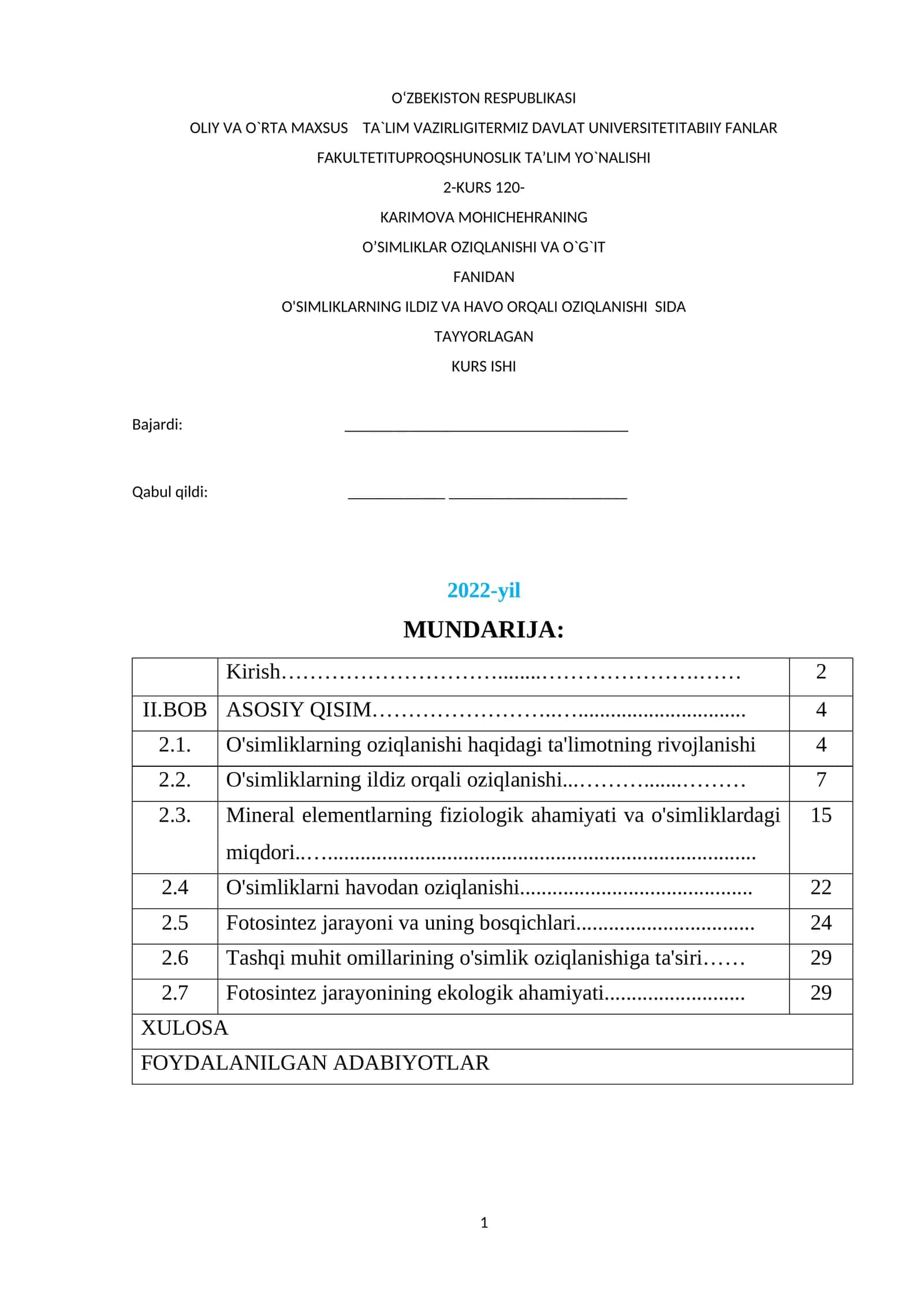 O'SIMLIKLAR OZIQLANISHI VA O`G`IT FANIDAN 1