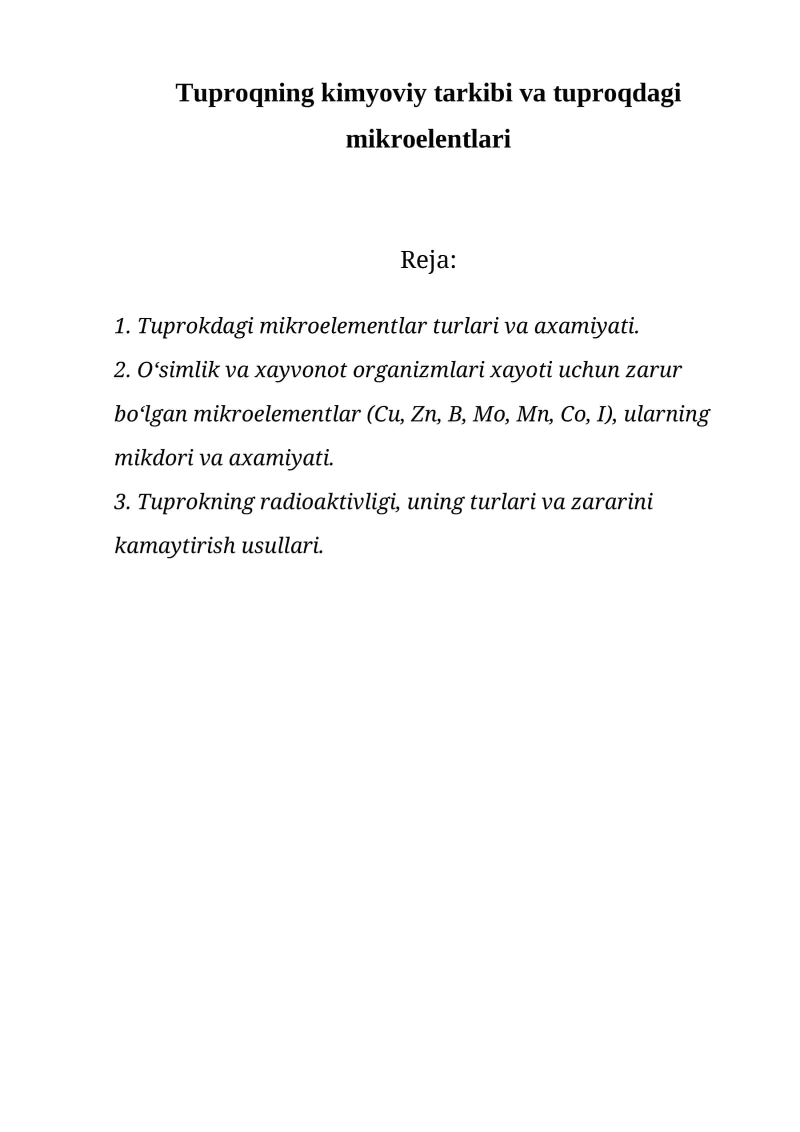 Tuproqning kimyoviy tarkibi va tuproqdagi mikroelentlari 1