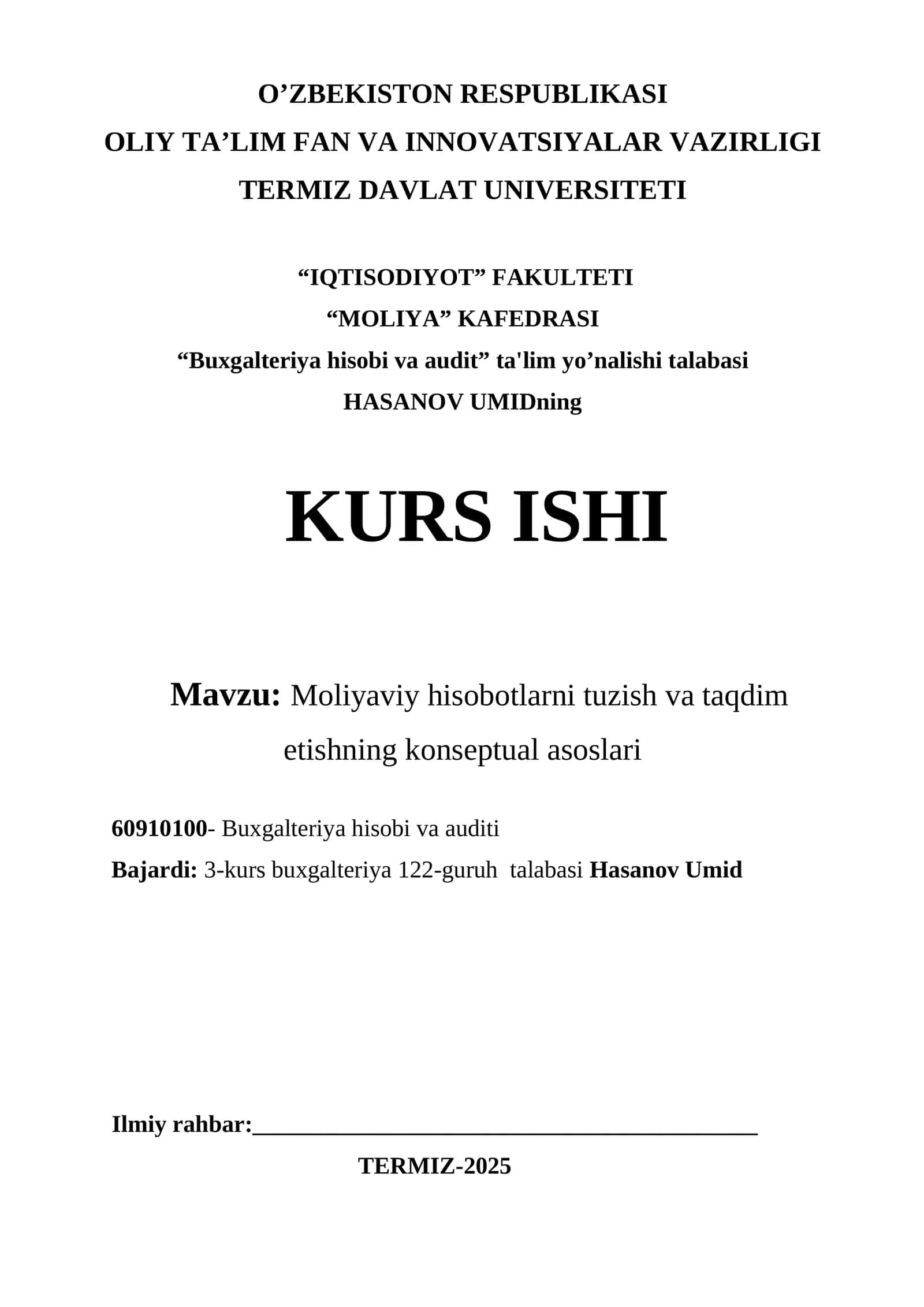 Moliyaviy hisobotlarni tuzish va taqdim etishning konseptual asoslari 1