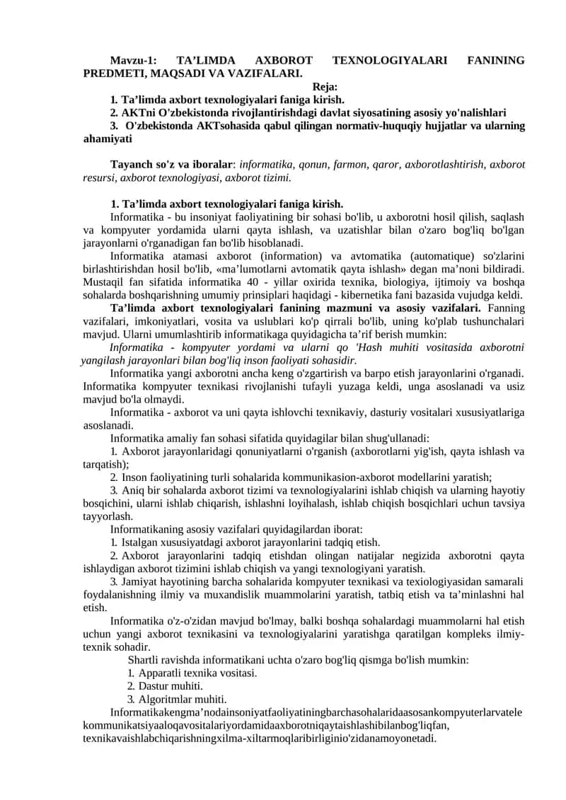 TA’LIMDA AXBOROT TEXNOLOGIYALARI FANINING PREDMETI, MAQSADI VA VAZIFALARI 1