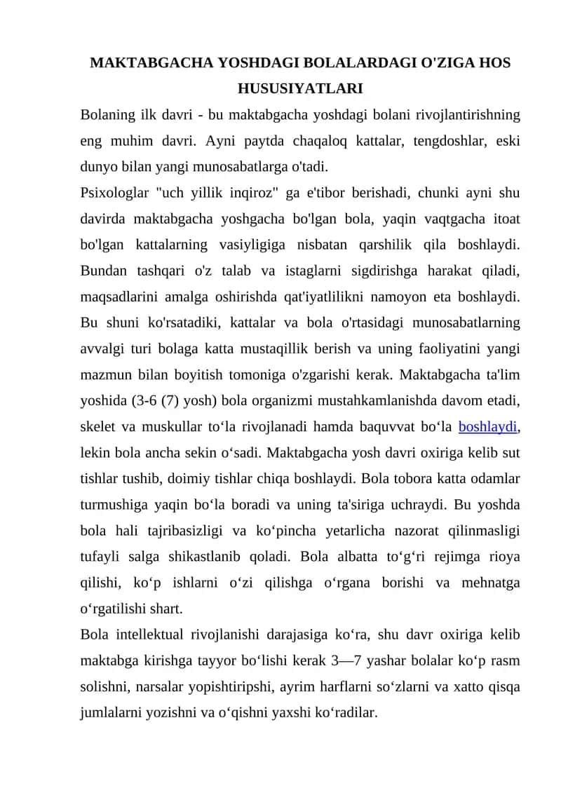 MAKTABGACHA YOSHDAGI BOLALARDAGI O'ZIGA HOS HUSUSIYATLARI 1