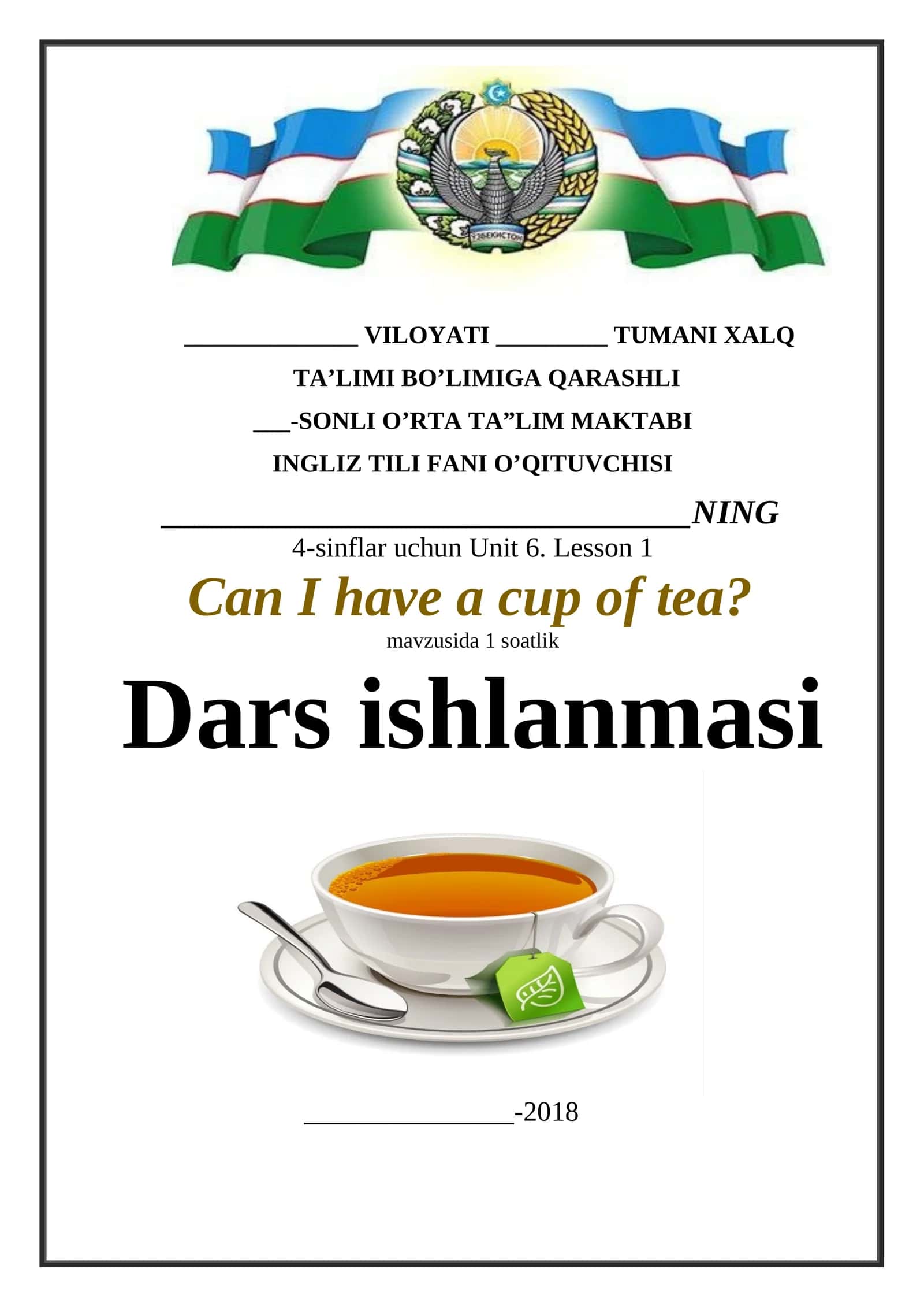 4-sinflar uchun  Can I have a cup of tea? mavzusida 1-soatlik dars ishlanma 1