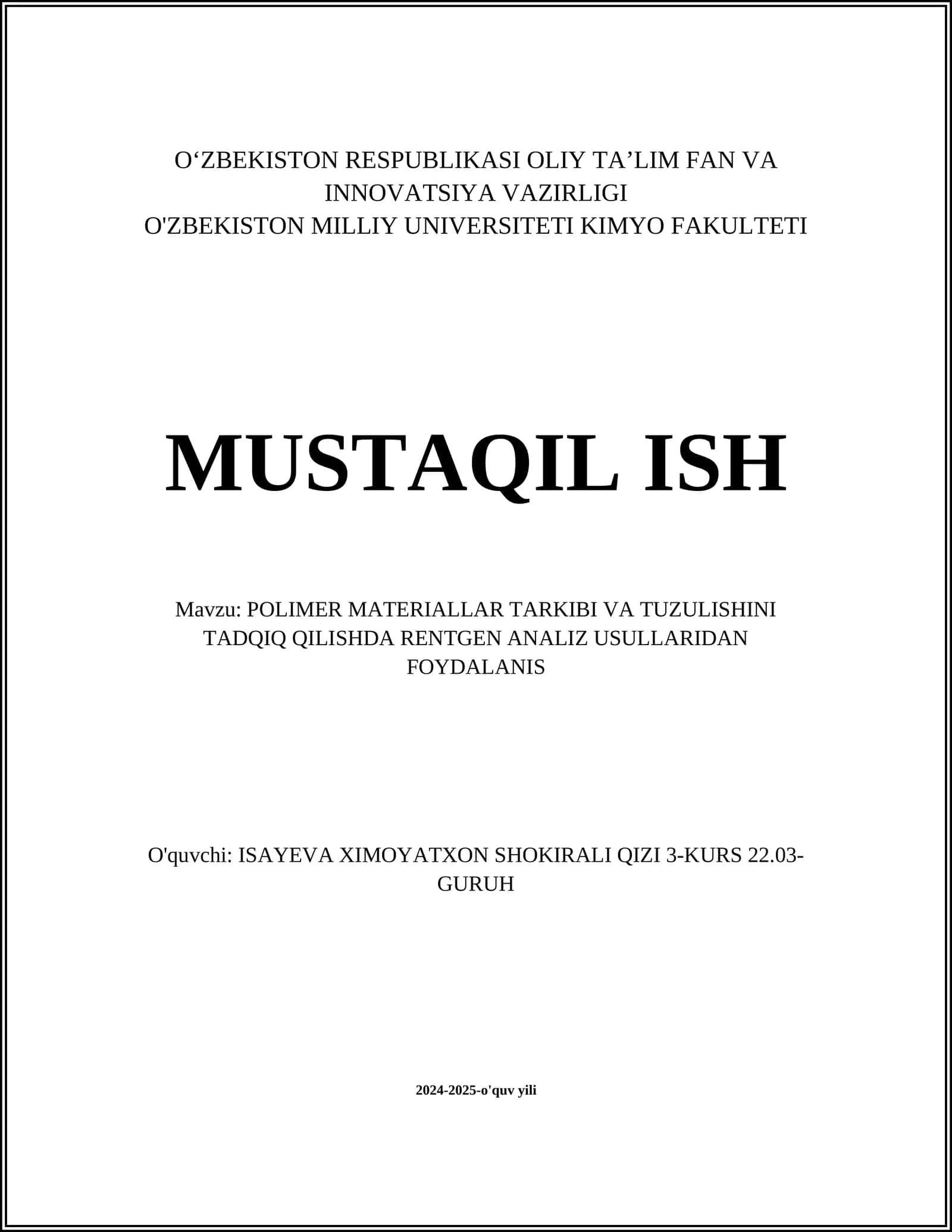 POLIMER MATERIALLAR TARKIBI VA TUZULISHINI TADQIQ QILISHDA RENTGEN ANALIZ USULLARIDAN FOYDALANIS 1