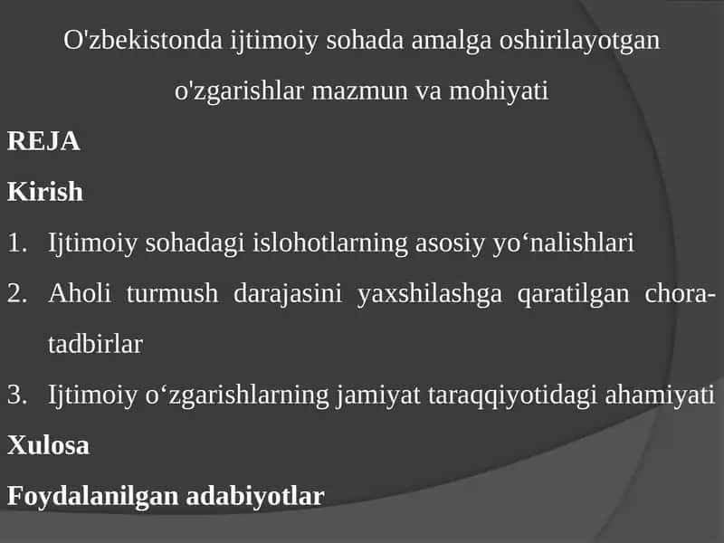 Ijtimoiy soha va amalga oshirilayotgan o'zgarishlar: mazmuni va mahiyati 1