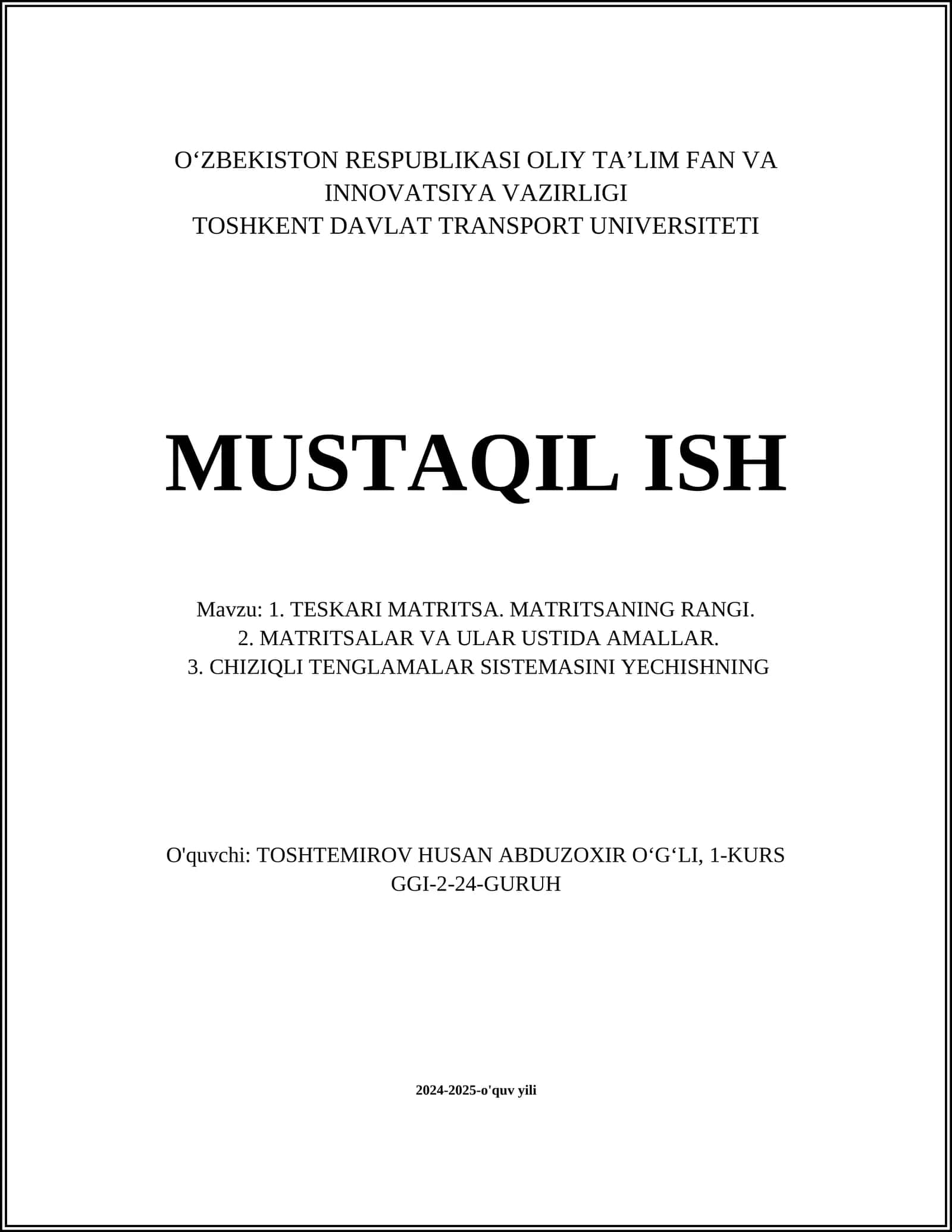 TESKARI MATRITSA 1