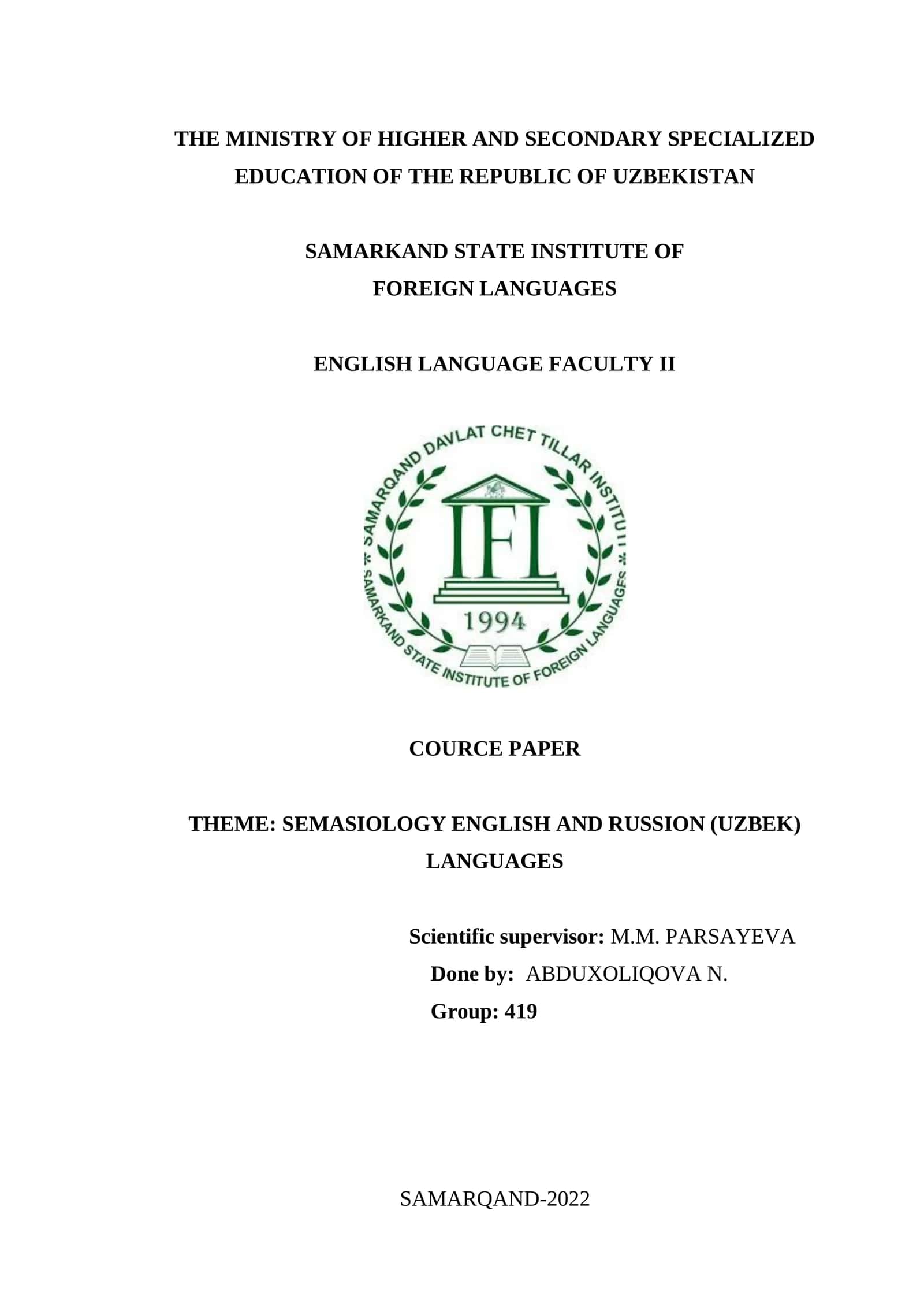 SEMASIOLOGY ENGLISH AND RUSSION (UZBEK) LANGUAGES 1