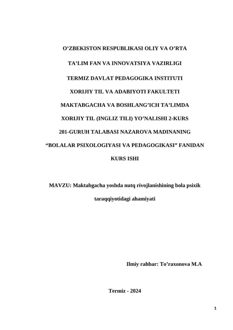 Maktabgacha yoshda nutq rivojlanishining bola psixik taraqqiyotidagi ahamiyati 1