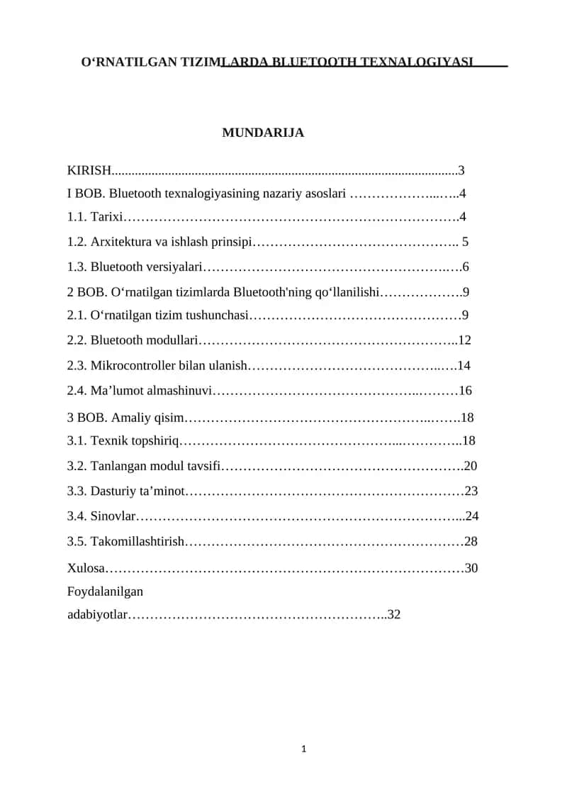 OʻRNATILGAN TIZIMLARDA BLUETOOTH TEXNALOGIYASI. 1