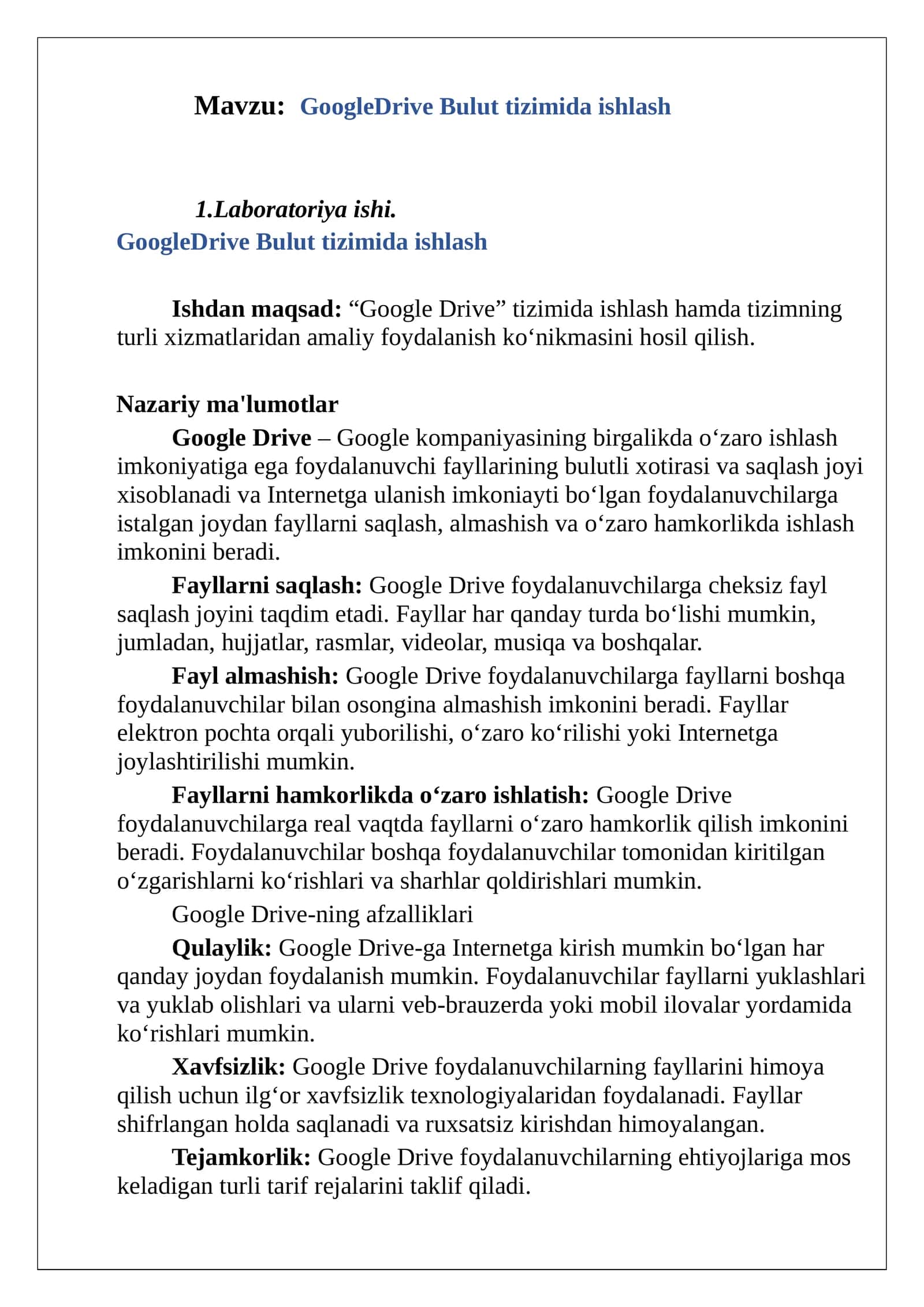GoogleDrive Bulut tizimida ishlash 1