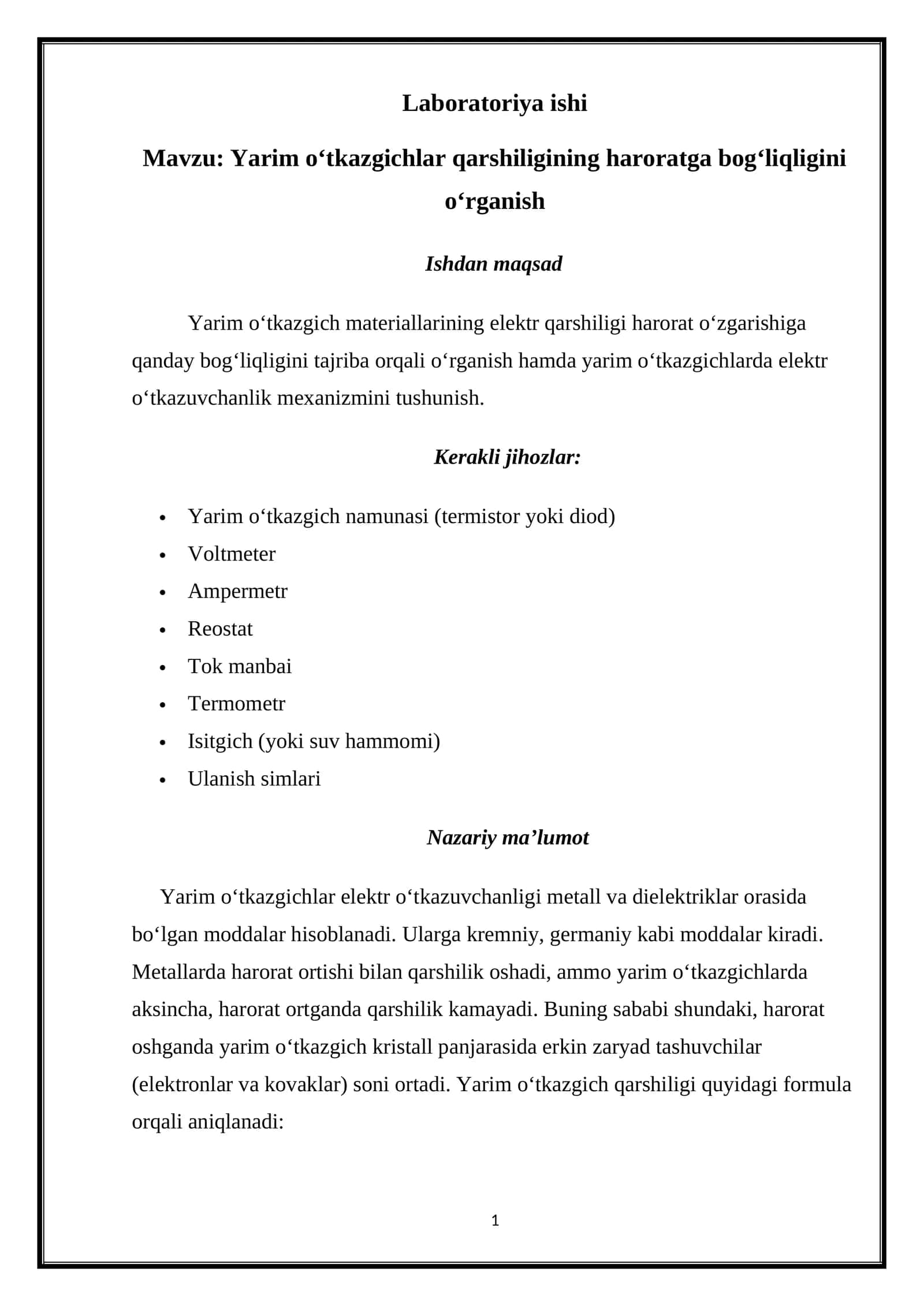 Yarim o‘tkazgichlar qarshiligining haroratga bog‘liqligini o‘rganish 1