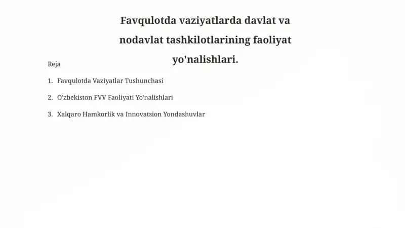 Favqulotda vaziyatlarda davlat va nodavlat tashkilotlarining faoliyat yo'nalishlari. 1