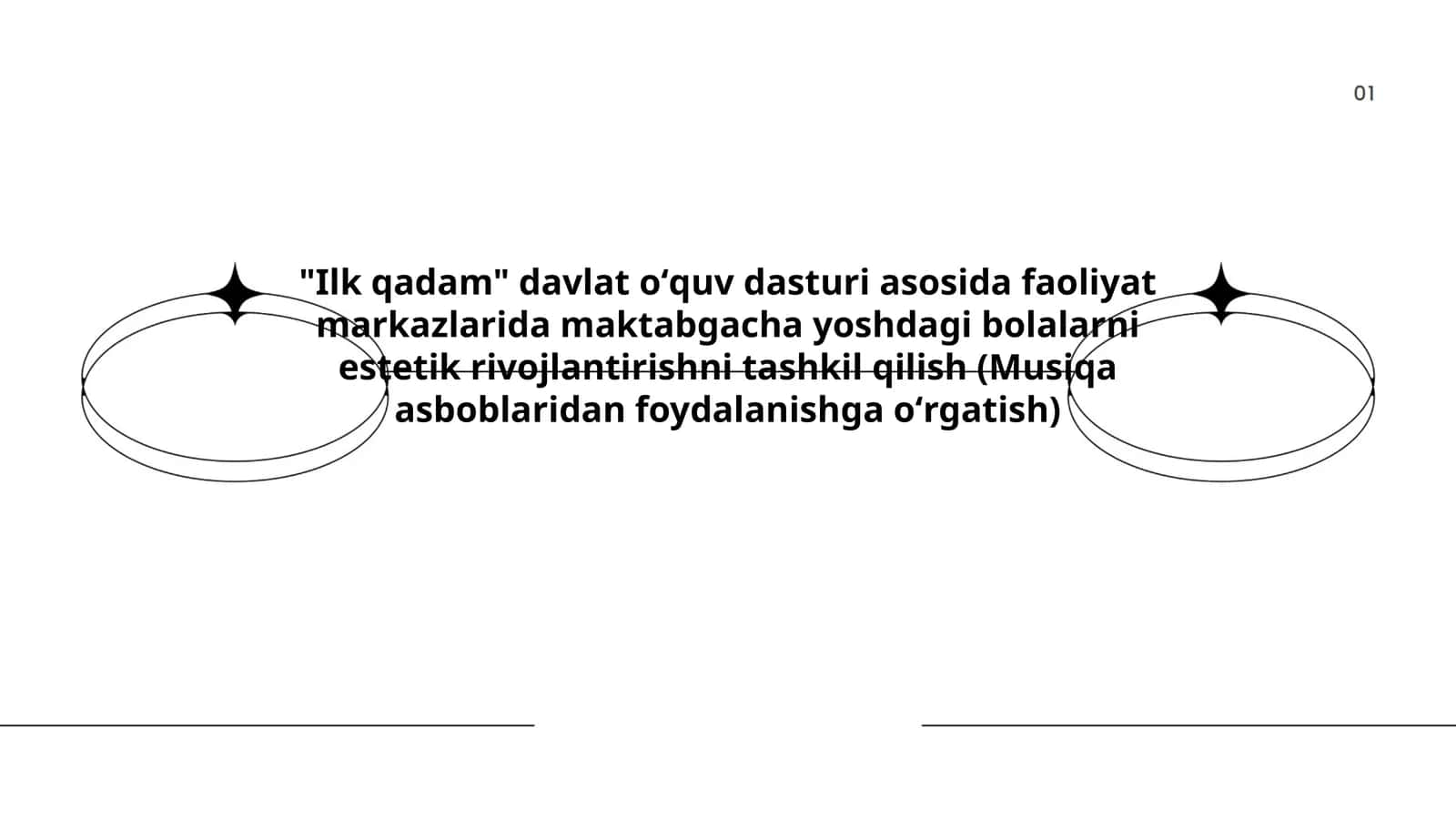 "Ilk qadam" davlat oʻquv dasturi asosida faoliyat markazlarida maktabgacha yoshdagi bolalarni estetik rivojlantirishni tashkil qilish (Musiqa asboblaridan foydalanishga oʻrgatish) 1
