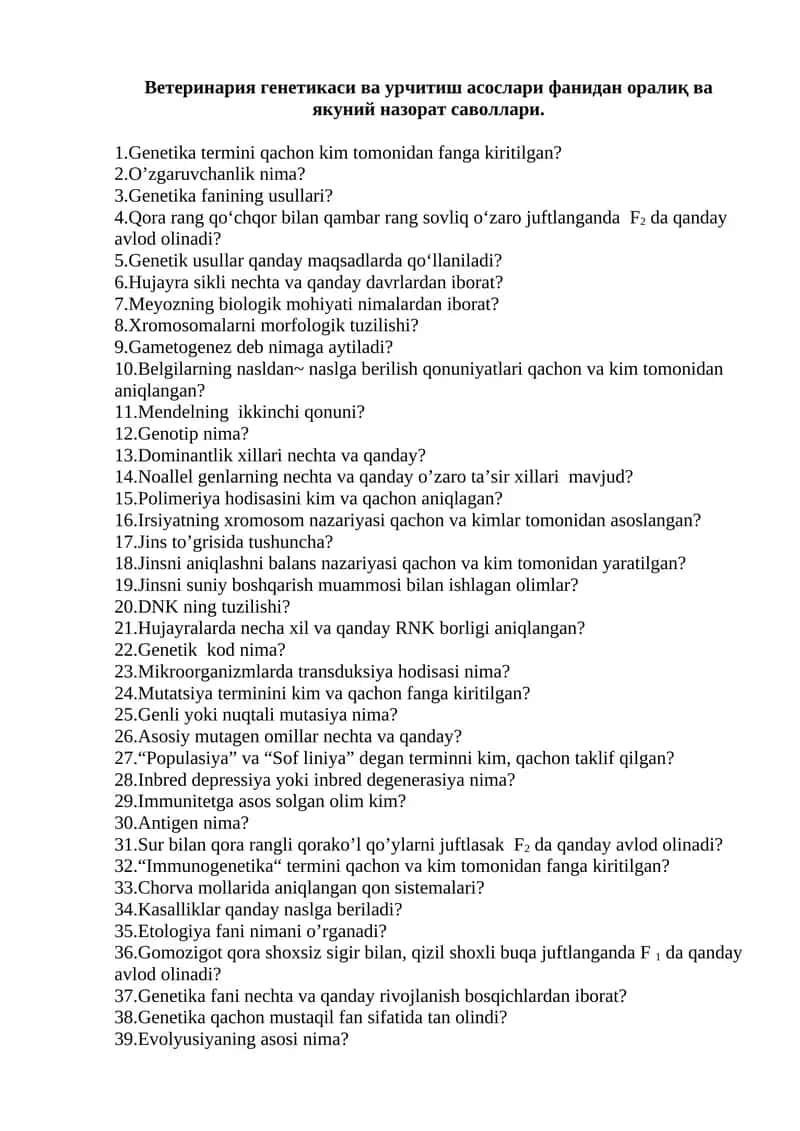 Vetеrinariya genetikasi va urchitish asoslari 1