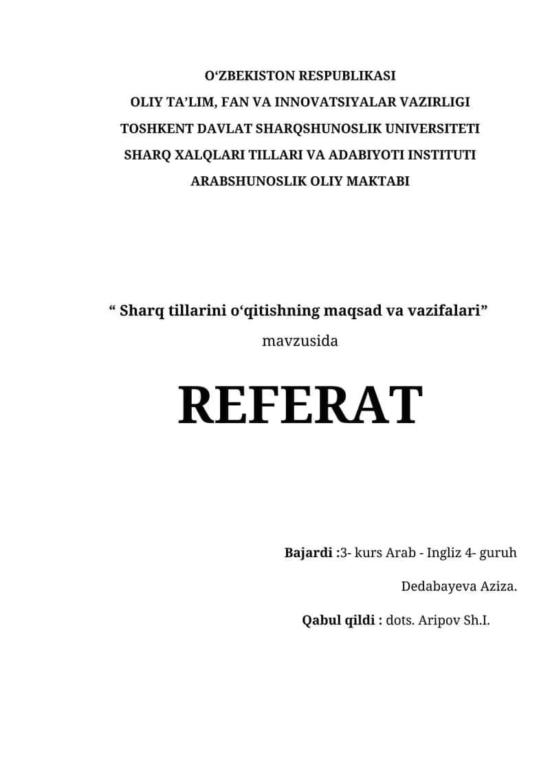 Sharq tillarini o‘qitishning maqsad va vazifalari 1