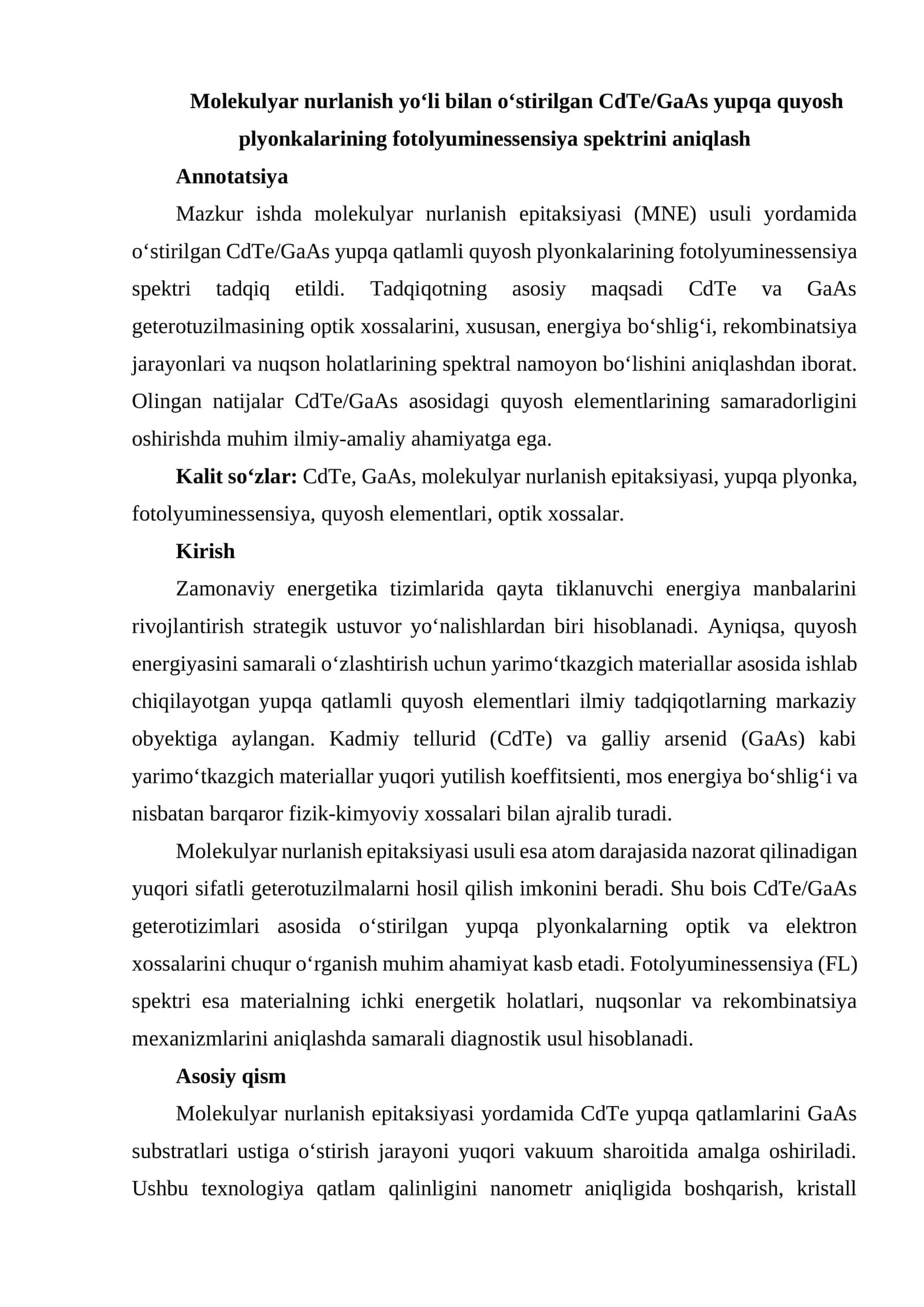 Molekulyar nurlanish yo‘li bilan o‘stirilgan CdTe/GaAs yupqa quyosh plyonkalarining fotolyuminessensiya spektrini aniqlash 1
