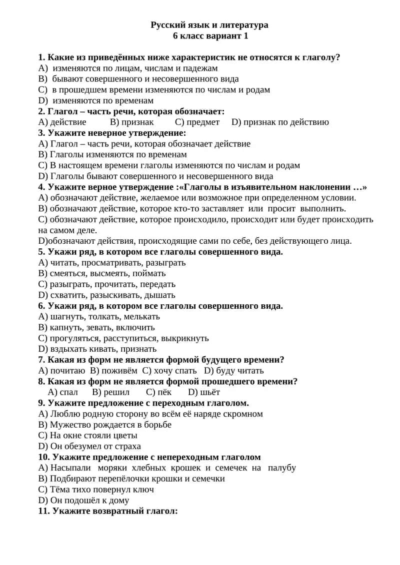 Русский язык и литература 6 класс вариант 1 1