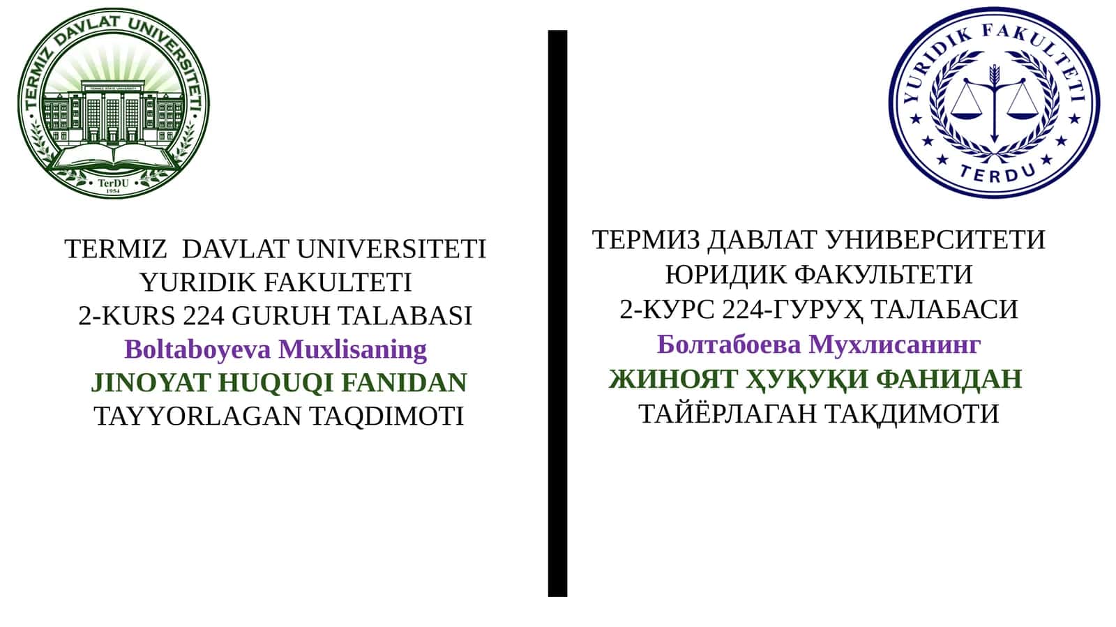 JINOYAT HUQUQI FANIDANTAYYORLAGAN TAQDIMOTI 1