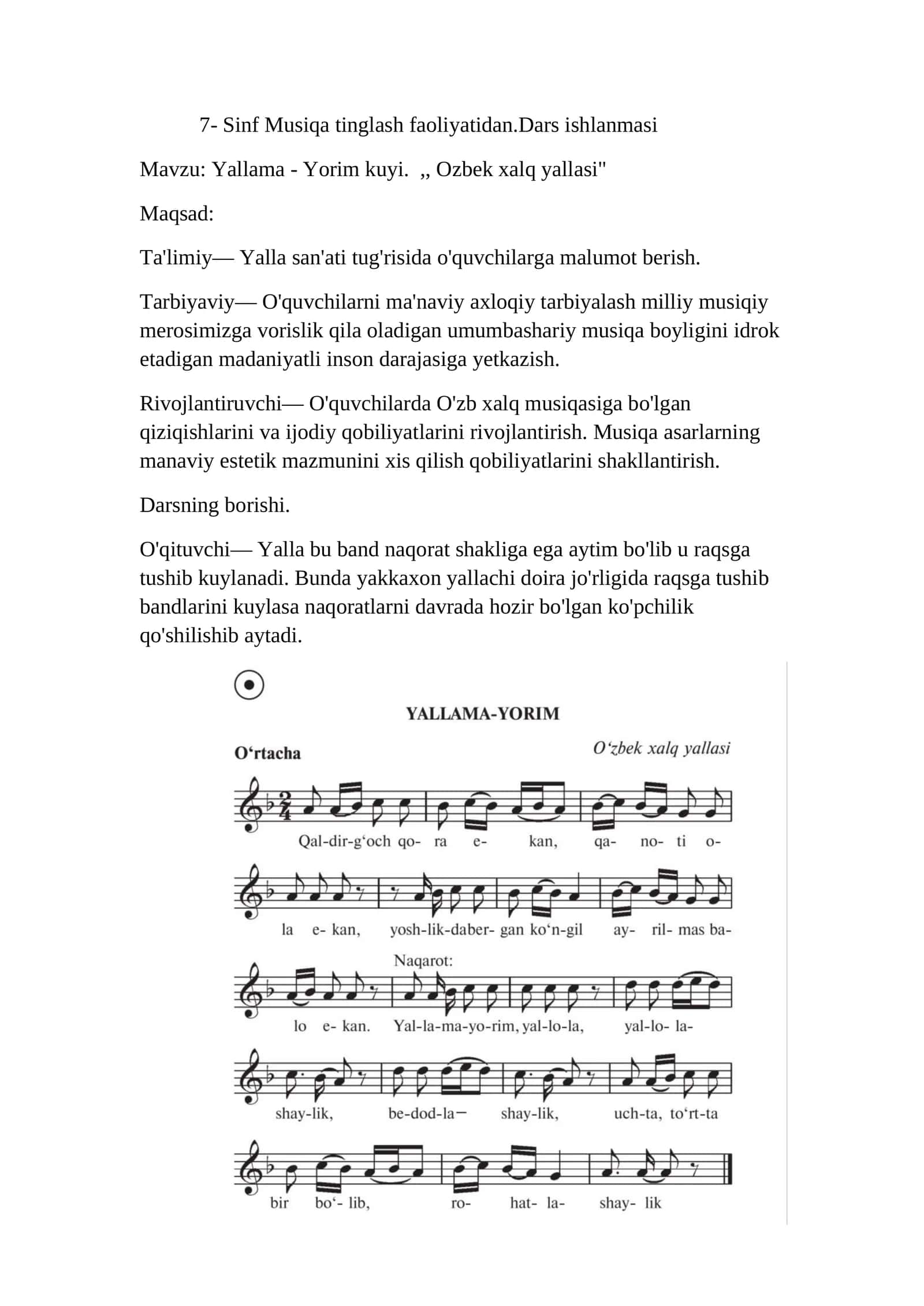 7- Sinf Musiqa tinglash faoliyatidan.Dars ishlanmasi 1