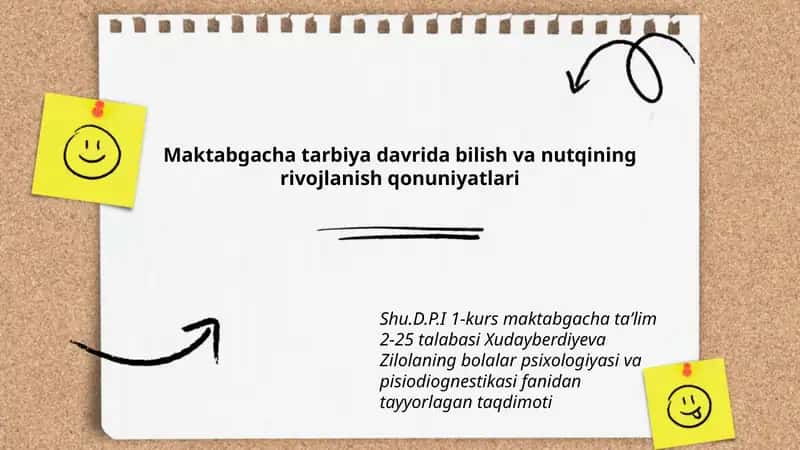 Xudayberdiyeva Zilolaning bolalar psixologiyasi va pisiodiognestikasi taqdimoti 1
