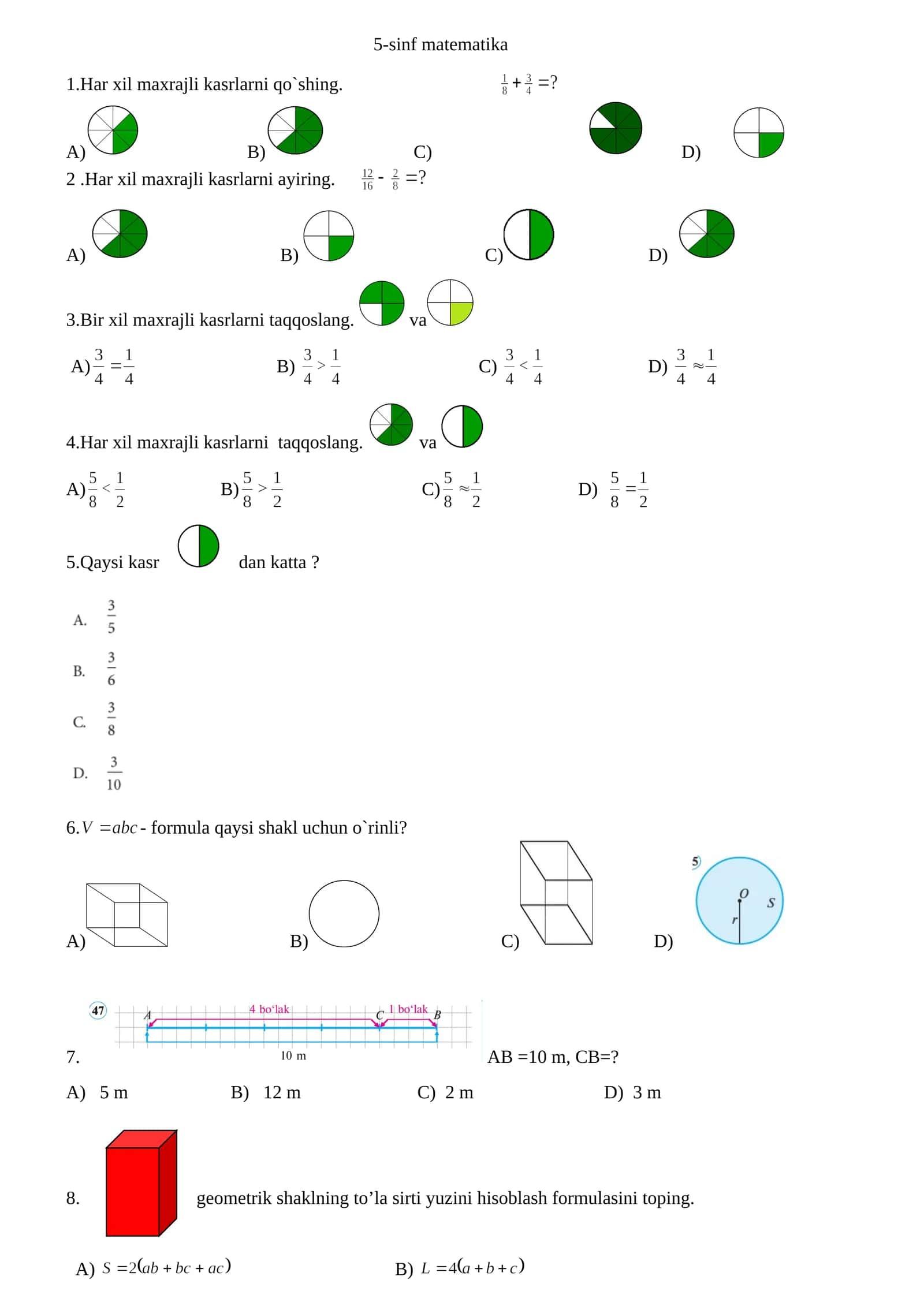 5-sinf matematika test 1