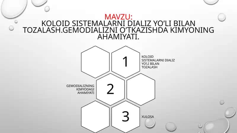 Koloid sistemalarni dializ yo’li bilan tozalash. Gemodializni o‘tkazishda kimyoning ahamiyati 1
