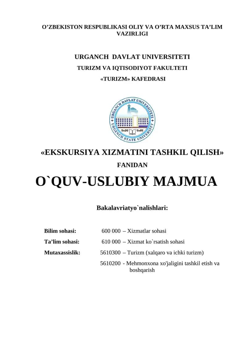 "EKSKURSIYA XIZMATINI TASHKIL QILISH" FANIDAN 1