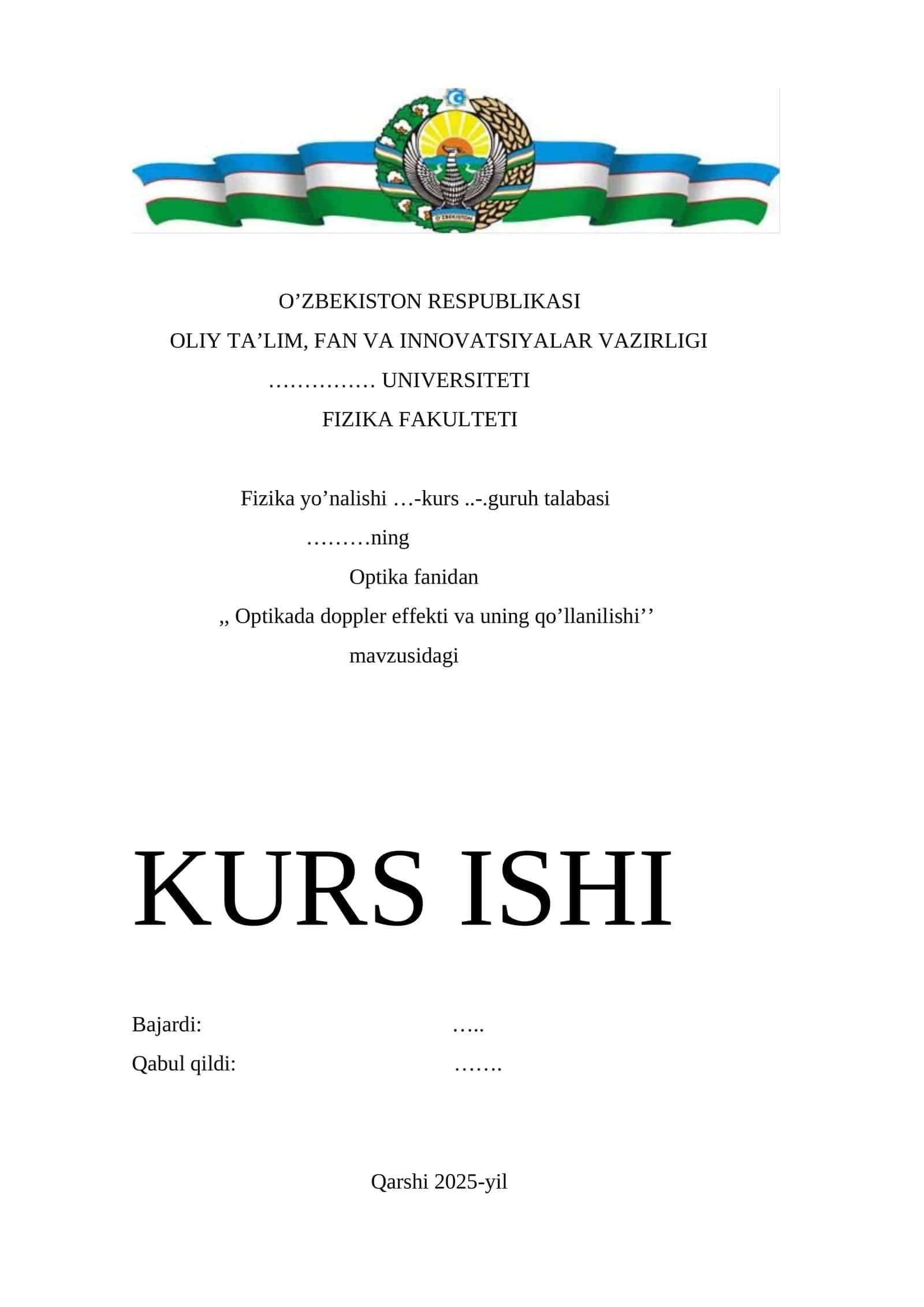 Optikada doppler effekti va uning qo’llanilishi mavzusida tayyor kurs ishi 1