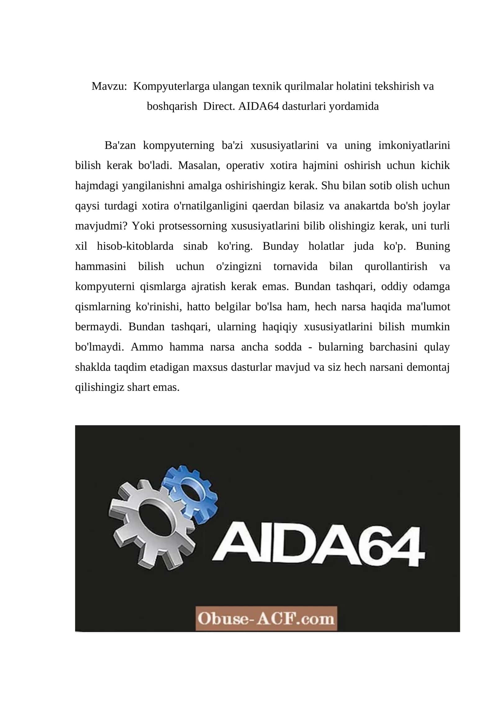 Kompyuterlarga ulangan texnik qurilmalar holatini tekshirish va boshqarish Direct. AIDA64 dasturlari yordamida 1