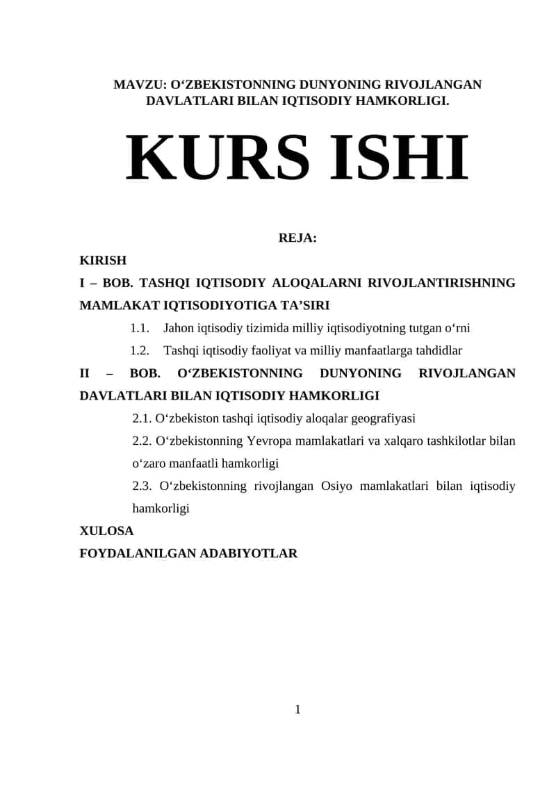 O‘zbekistonning Dunyoning Rivojlangan Davlatlari Bilan Iqtisodiy Hamkorligi 1