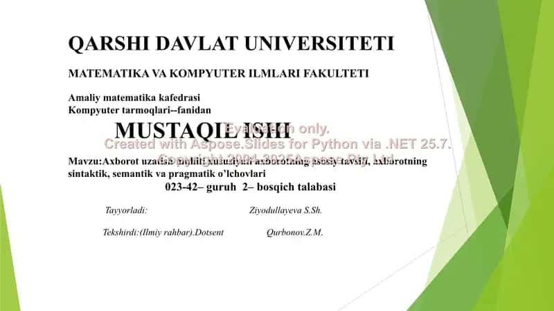 Axborot uzatish muhiti xususiyati axborotning asosiy tavsifi, axborotning sintaktik, semantik va pragmatik o’lchovlari 1
